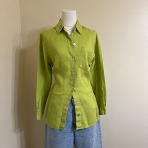 100% Linen Button Down Shirt Lime Green Long Sleeve Pocket Top Sz M